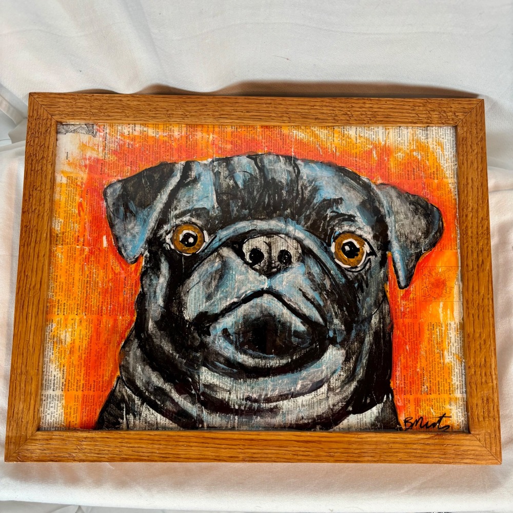 Pug Dog Mixed Media Painting Vintage Dictionary Art Framed 16x13